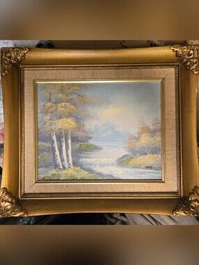 vintage  Mid-Century Modern original landscape oil painting Swept gold frame